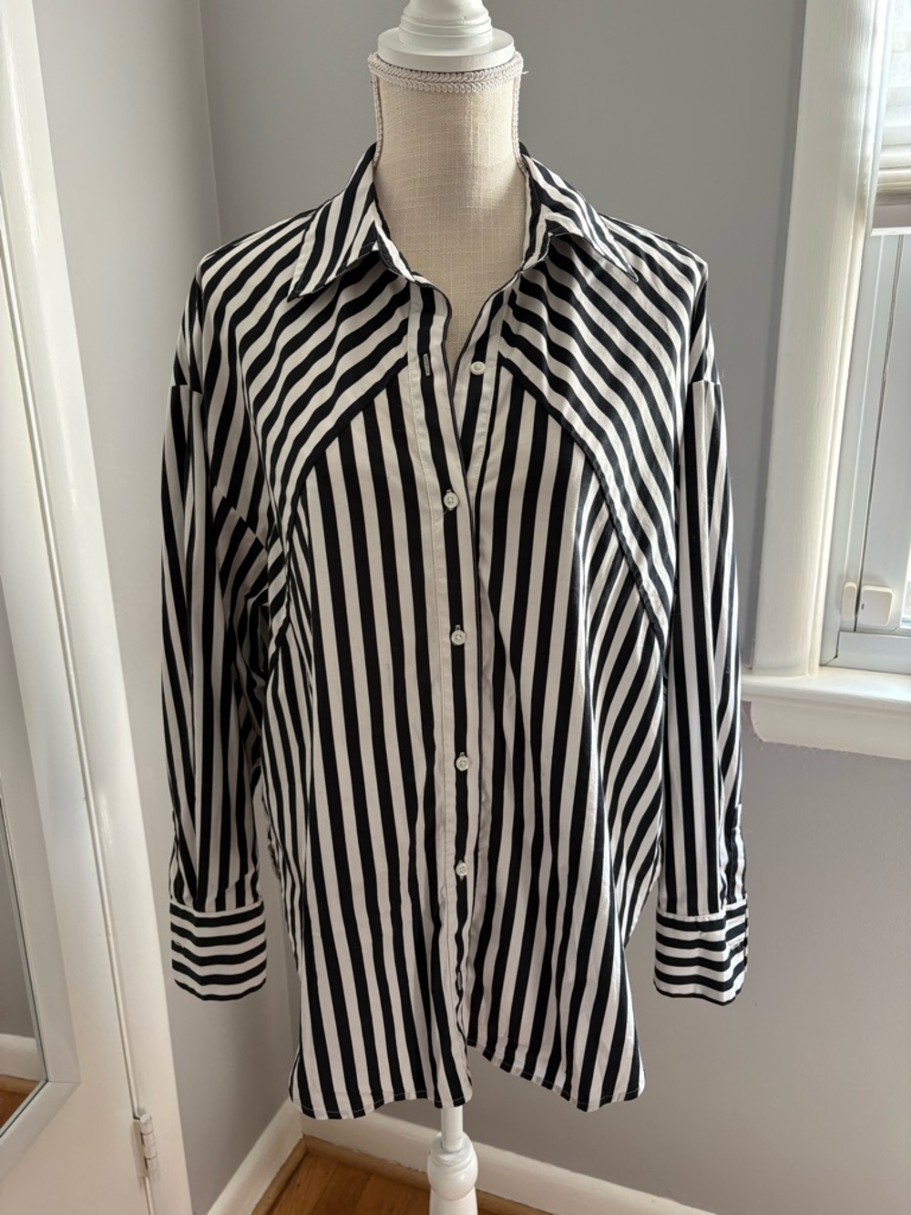 Express Oversized Boyfriend Button Up Shirt, Stretch Cotton Stripe, M